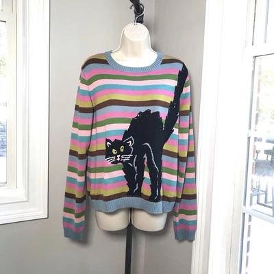 Michael Simon Striped Sequin Black Cat Sweater Halloween - Women’s Large  EUC - Image 1 of 4