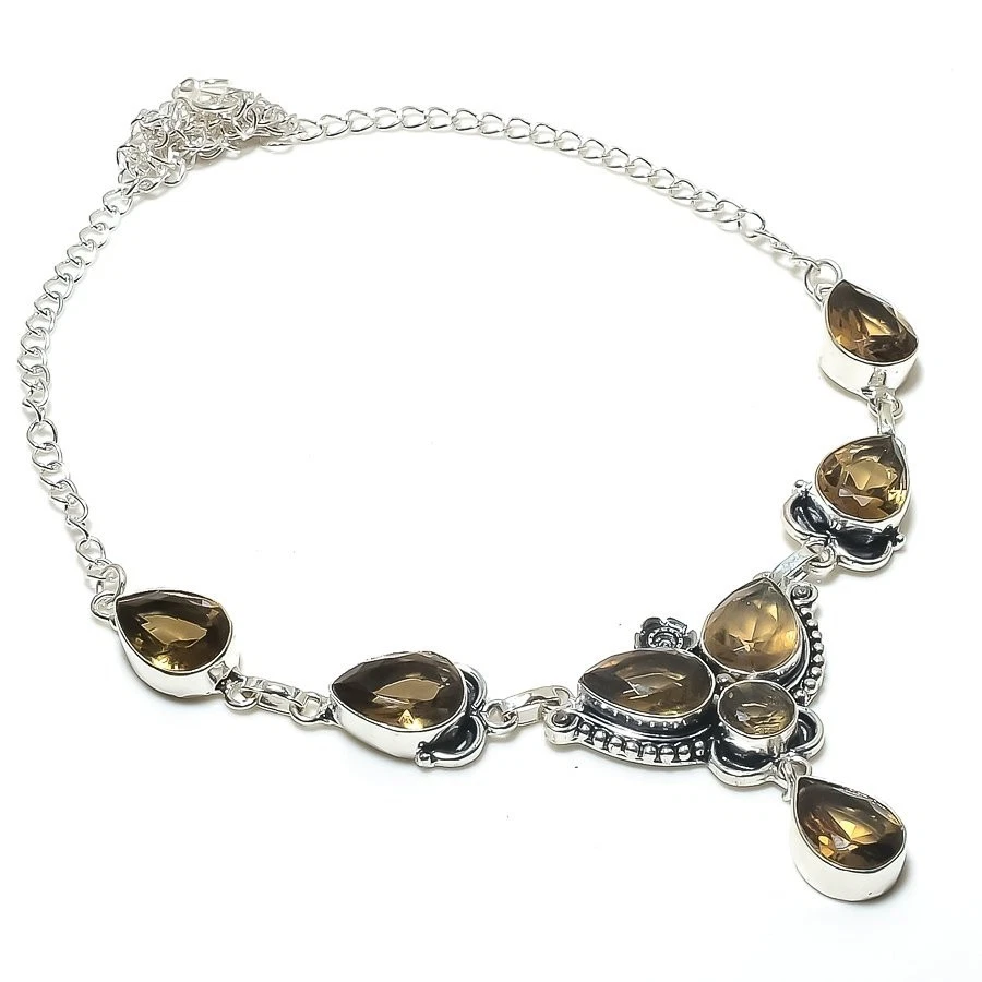 Collar de joyería de plata de ley 925 hecho a mano con piedras preciosas de cuarzo ahumado talla 18" Foto 1 de 1