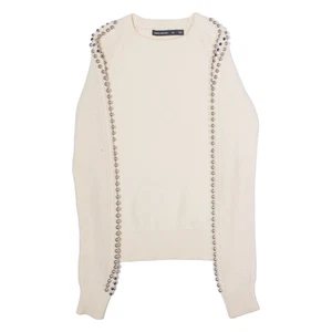 KAREN MILLEN Womens Jumper Cream Crew Neck Tight Knit Wool XS - Picture 1 of 6