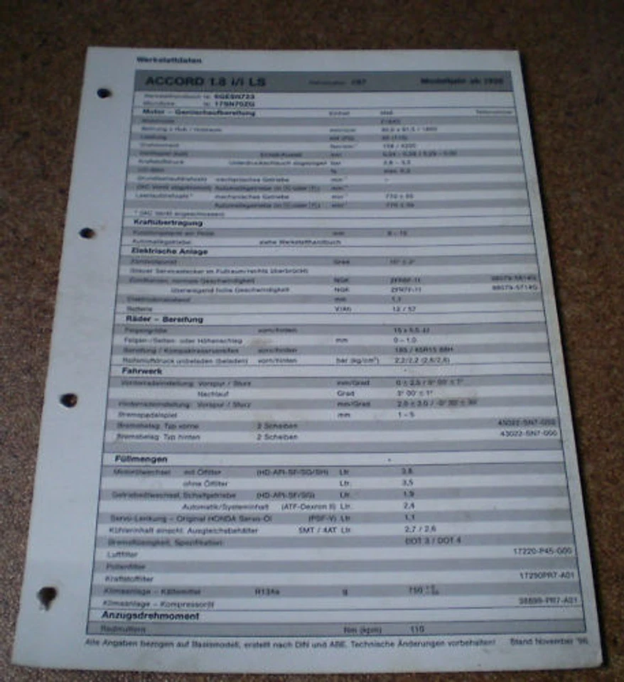 Hoja De Inspección Honda Accord 1.8 I/I LS Desde 1996! - Imagen 1 de 1