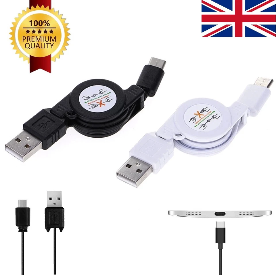 Cable retráctil USB tipo C transferencia rápida carga sincronización de datos cable USB-C Reino Unido 75 cm - Imagen 1 de 4