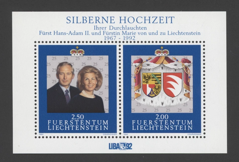 1992 LIECHTENSTEIN Scott 985 Casamento Real 25º Aniversário P/S MNH - Imagem 1 de 1