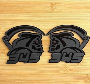 Red Eye Reaper 345 Car Truck Emblem Badge Matte Black on Black Custom Set of 2 - Picture 1 of 5