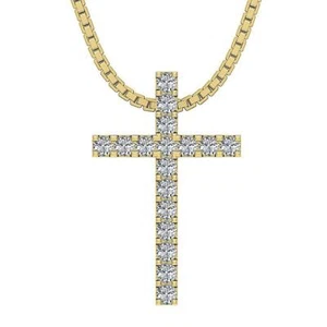 14K Yellow Gold Cross Pendant Necklace 0.45 Ct Round Diamond 0.85 Inch Prong Set - Picture 1 of 5