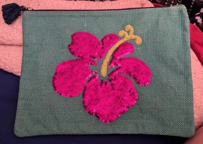  MudPie Turquesa Yute Cremallera Bolsa/Bolso de Cosméticos/Embrache Rosa Lentejuelas Hibisco  Foto 1 de 4