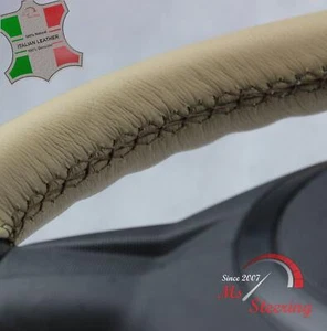 FOR RANGE ROVER L322 - BEIGE LEATHER STEERING WHEEL COVER BROWN STIT - Picture 1 of 5