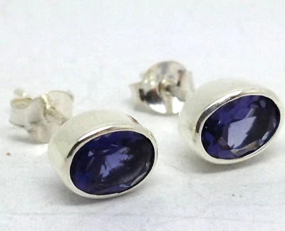 iolite oval stud earrings solid Sterling silver. 7 x 5mm bezel set Gift box. - Image 1 of 4