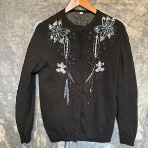 Black Beaded Sequined Embroidered Cardigan Sweater Size M/L Lined - Picture 1 of 14