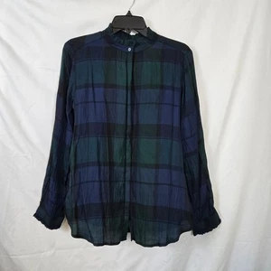 Loft Women Green Blue Plaid Tartan Ruffle Collar Long Sleeve Button Top L Petite - Picture 1 of 10