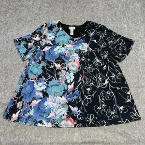 Catherines Shirt Damen 3X Schwarz Blau Blumenmuster Kurzarm Tunika Oberteil - Bild 1 von 17