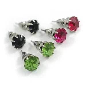 8mm Set Of 3 Round Jewelled Stud Earrings In Silver Tone Dark Blue/ Green/ - Picture 1 of 5
