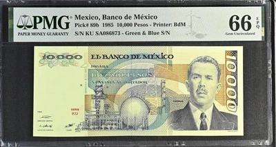 墨西哥,墨西哥银行 P#89b 1985 10,000 比索 PMG 宝石 UNC 66 EPQ — 第 1/2 张图片