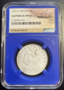 1854 O Arrows 50C Seated Liberty Silver 1/2 dollar. NGC Shipwreck Effect SS Rep. - Picture 1 of 2