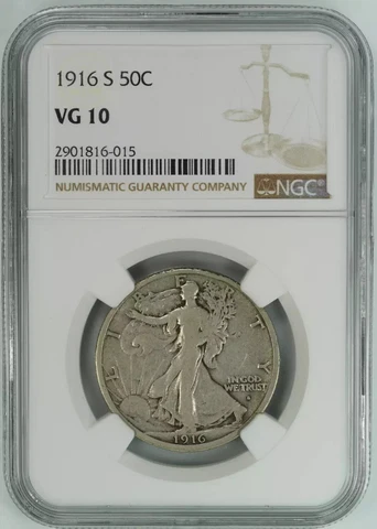 1916 S WALKING LIBERTY HALF DOLLAR 50C NGC CERT VG 10 VERY GOOD - F FINE? (015) Cover