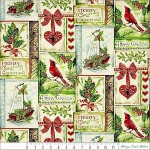 FABRI-QUILT "A HAPPY CHRISTMAS" PATCH 114-60199 VÖGEL STOFF PREIS PRO 1/2 YD - Bild 1 von 2