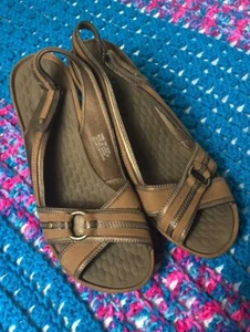 CLARKS Privo Brown Leather Slingback Open Toe Wedge Sandal Womens Sz 10 - Picture 1 of 7