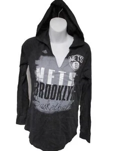 New Brooklyn Nets Womens Size M Medium Gray Adidas V-Neck Light Hoodie Shirt - Picture 1 of 8