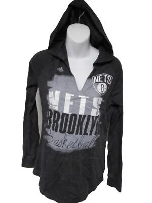 New Brooklyn Nets Womens Size M Medium Gray Adidas V-Neck Light Hoodie Shirt - Image 1 of 4