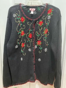 Ugly Vtg. Christmas Cardigan sweater - Pointsettias, beads, black, bling Size XL - Picture 1 of 4