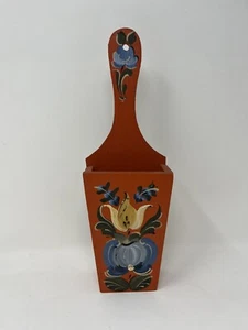 Vintage Hand Crafted Wood Tole Match Box 11” Signed Orange Floral Folkart - Picture 1 of 7