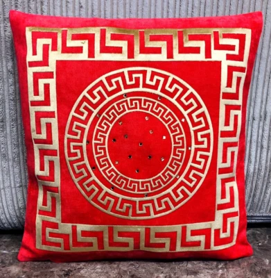 Red Multi Circles Greek Keys border Crystal Stone decorative Pillow Throw Cover - Image 1 of 3