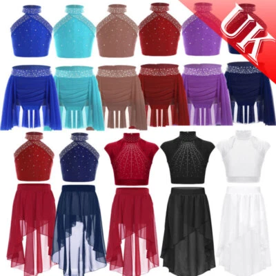 UK Girls Lyrical Dance Costume 2 Pc Halter Backless Crop Top with Skirt Outfit - Image 1 of 4