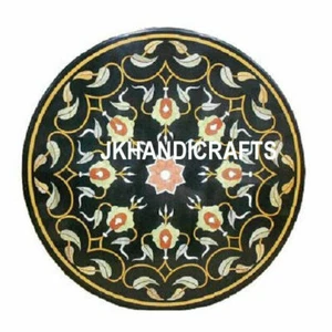 24" Black Marble Round Coffee Table Top Semi Precious Stones Inlaid Home Decor - Picture 1 of 5