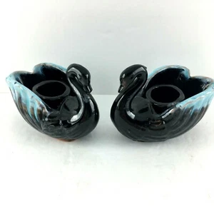Enesco Japan Vintage Swan Black Swan Taper Candleholders With Blue Drip Glaze - Picture 1 of 7