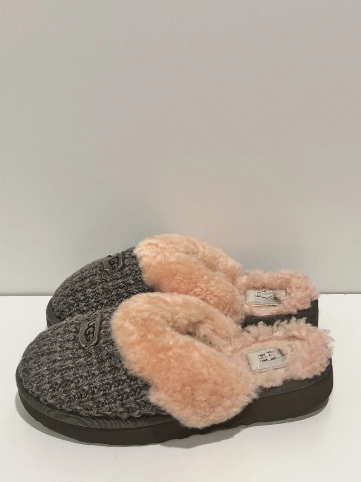 UGG Cozy Knit Slide Slippers Womens 5 US Charcoal Gray/ Pink Shearling Comfort - Image 1 of 4