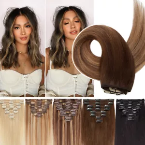 CLEARANCE 100% Human Hair Extensions 8 Pieces Clip in Real Remy Hair Full Head A - Picture 1 of 89