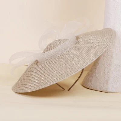 Chapéu feminino de palha de champanhe aba larga para casamento, igreja, chapéus Kentucky Fascinators - Imagem 1 de 4