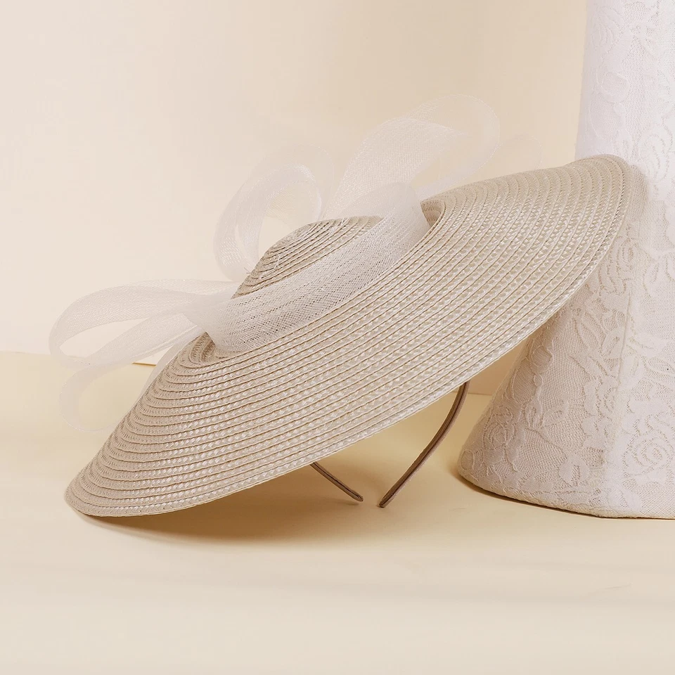 Sombrero de ala ancha de paja champán para mujer sombreros de boda, iglesia, fascinadores de Kentucky Foto 1 de 4