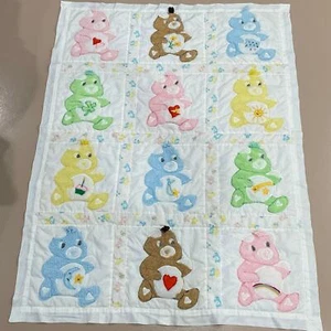 Vintage 80s Handmade Care Bear Patchwork Silky Trim Baby Quilt Blanket OOAK - Picture 1 of 12
