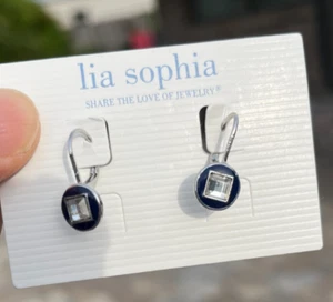 Lia Sophia "Shutter" Silver Tone with Navy Blue Enamel & Cut Crystal Earrings  - Picture 1 of 4