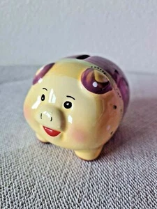 Ceramic Piggy Bank w/ Stopper Yellow Pig Purple Floral Design Savings Coin Bank - Picture 1 of 9