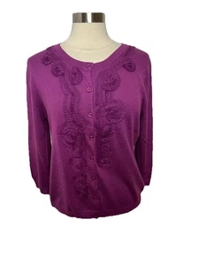 Garnet Hill Cardigan Sweater Sz M Merino Wool Silk Cashmere Button Front Purple - Picture 1 of 9