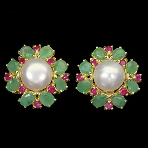 925 Sterling Silver Earrings Pear Emerald Ruby Pearl Natural Gemstone Jewelry - Picture 1 of 14