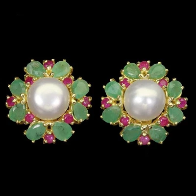 925 Sterling Silver Earrings Pear Emerald Ruby Pearl Natural Gemstone Jewelry - Image 1 of 4