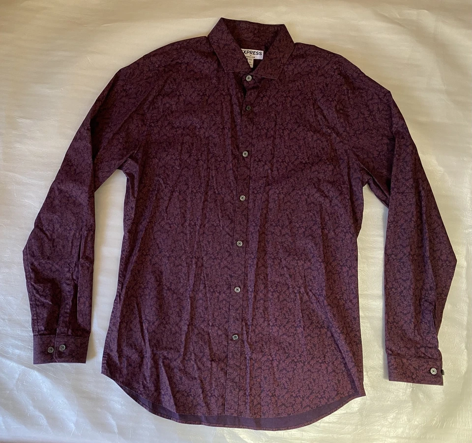 Express Men's Burgundy Floral Print Button Down Shirt Extra Slim Fit Size L Casu - Image 1 of 4