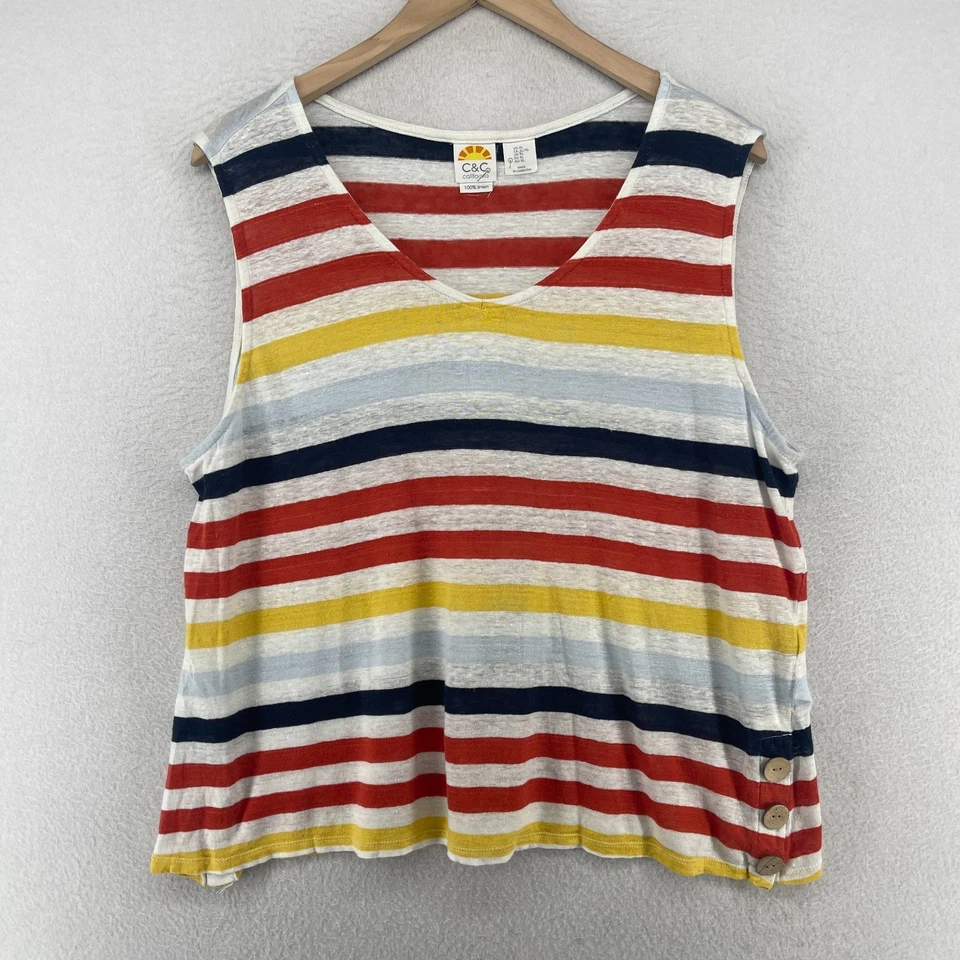 C&C CALIFORNIA Top XL Linen Jersey Striped Sleeveless V-Neck Tank Beach Red - Image 1 of 4