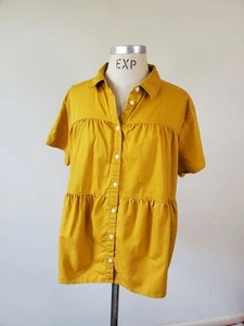 Time And Tru XL (16-18) Women’s Mustard Button Up Top Short Sleeve Tiered Blouse - Picture 1 of 7