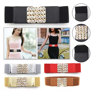60mm Wide Waist Belt for Women Ladies Stretch Elasticated with Rhinestone Buckle - Picture 1 of 15
