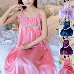 Ladies Womens Silky Satin Chemise Long Nightdress Strappy Nightshirt Nightwear - Picture 1 of 20