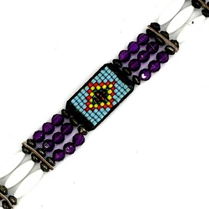 Handmade Beaded & Soft Leather Choker Necklace Purple White Diamond Design - Picture 1 of 12