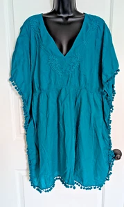 Old Navy caftan tunic fringe swim cover up teal embroidered womens XXL - Picture 1 of 16