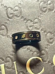New GUCCI Ring Icon Interlocking G GG 18K 750 Yellow Gold Enamel Gem Sz 9 + 7 - Picture 1 of 13