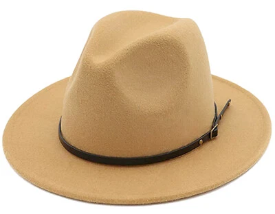 Hombres Mujeres Clásico Ala Ancha Fedora Sombrero Panamá Jazz Gorra con Cinturón Hebilla Fieltro  Foto 1 de 4