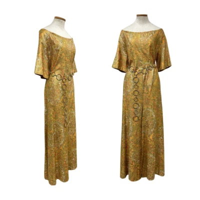 Vtg 70s OOAK Handmade Psychedelic Metallic Gold Screen Print Wide Leg Jumpsuit - Image 1 of 4