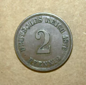 S4 - Germany 2 Pfennig 1876-A Almost Uncirculated + Bronze Coin - Imperial Eagle - Picture 1 of 2