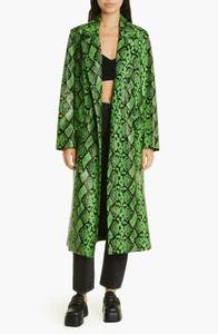 SIMON MILLER Joto Grass Green Snakeskin Vegan Faux Leather Long Jacket Coat L - Picture 1 of 6